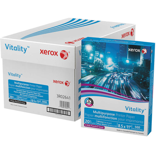 Xerox Vitality Multipurpose Paper, 3-Hole Punched, Letter, 20lb, 92-Bright, 10 Reams of 500 sheets