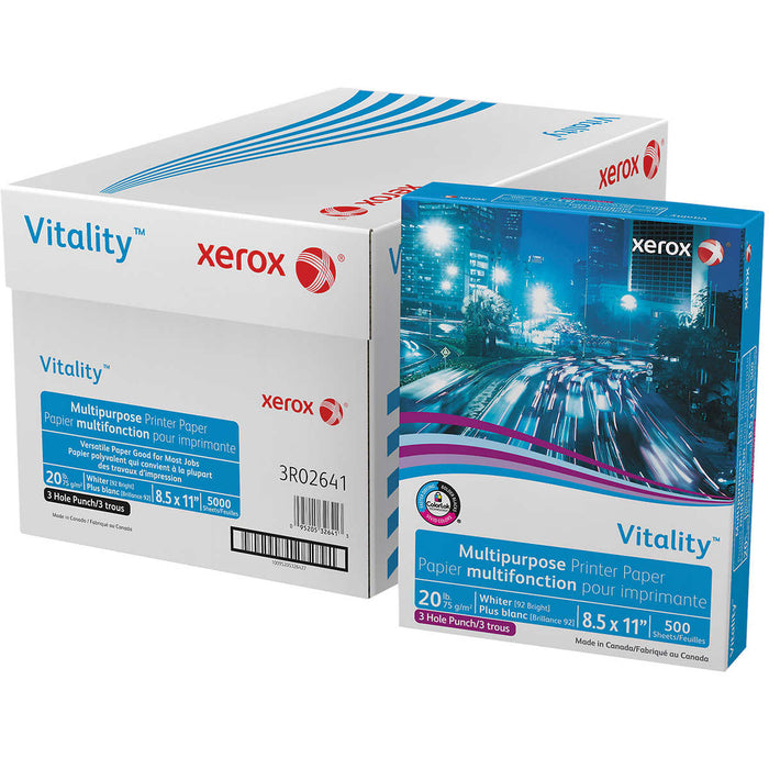 Xerox Vitality Multipurpose Paper, 3-Hole Punched, Letter, 20lb, 92-Bright, 10 Reams of 500 sheets