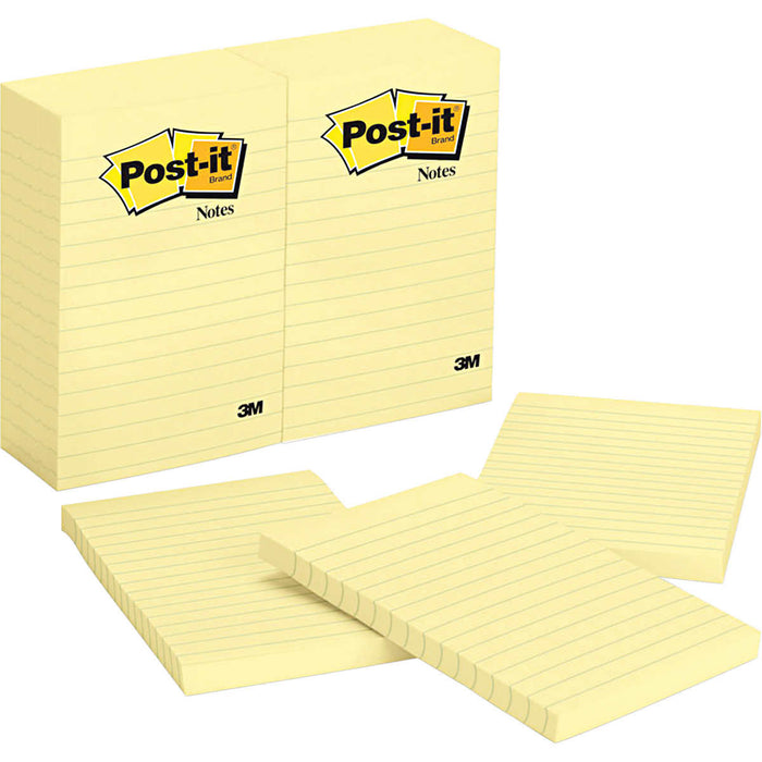 Post-it Notes, Canary Yellow, Lined, 4 x 6, 12-pack