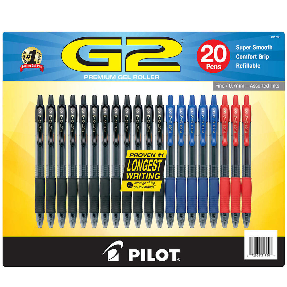 Pilot G2 Retractable Gel Ink Pen, 0.7mm, Assorted Ink - 20 pack