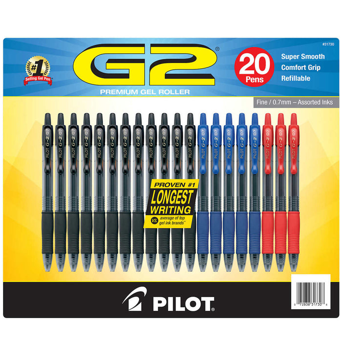 Pilot G2 Gel Pen, Black, Blue and Red, 20-pack