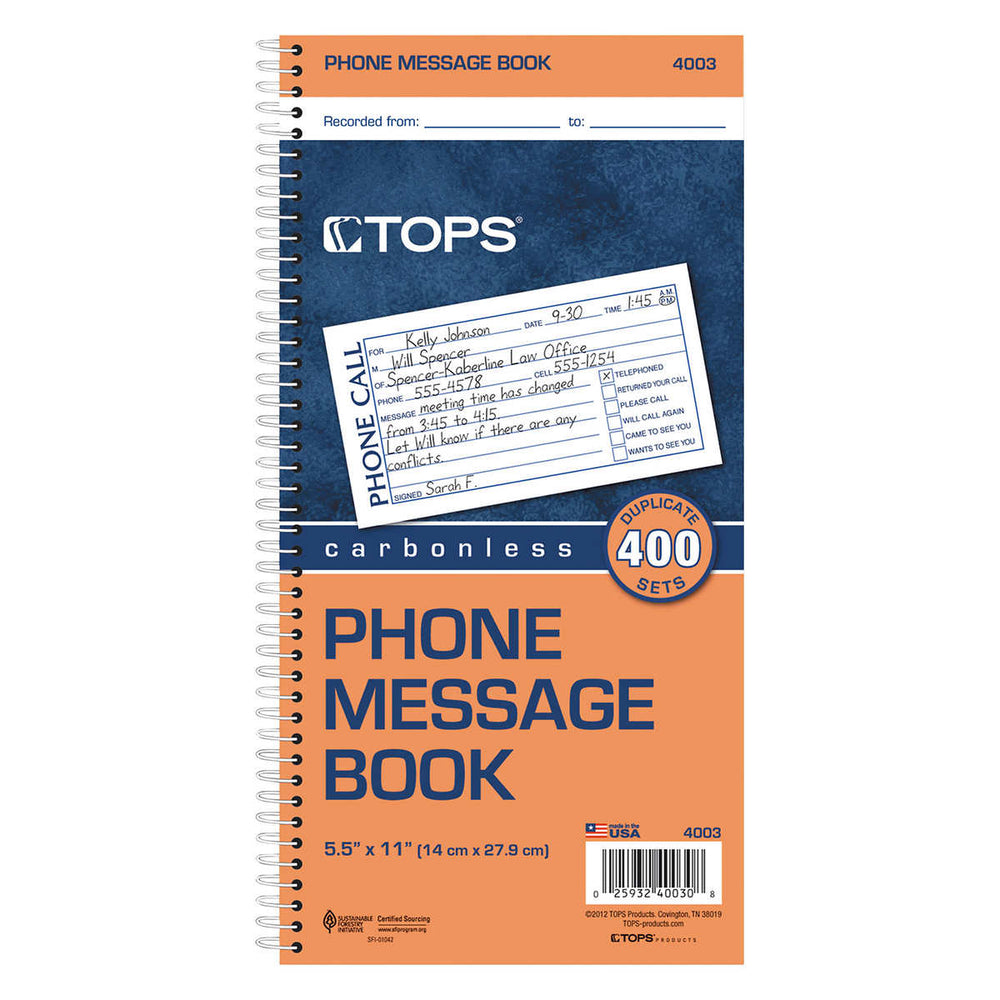 Tops Two-Part Carbonless Spiralbound Message Book, 3-count