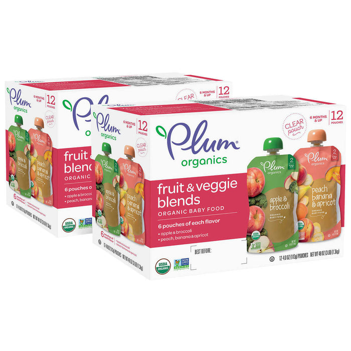 Plum Organics Stage 2 Apple & Broccoli and Peach, Banana & Apricot 2x12-count Variety Pack (Two Boxes)