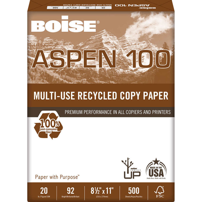 Boise Aspen 100, 100% Recycled Printer Paper, Letter, 20lb, 92-Bright, 10 Reams of 500 sheets