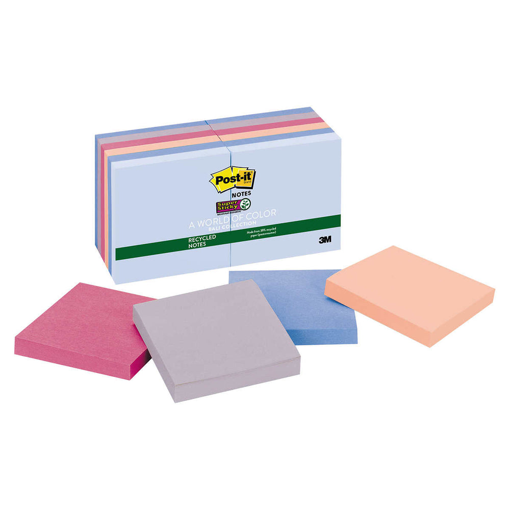 Post-it Recycled Super Sticky Notes, Bali Colors, 3 x 3, 12-pack